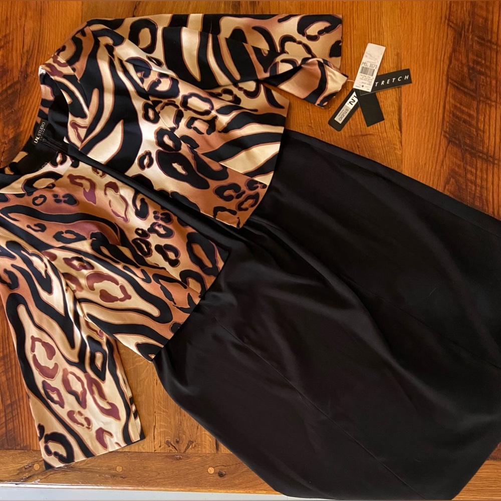 I. N. Studio Woman Stretch Black Dress w/ Black &  Tan Print Jacket, NWT, Sz 18W